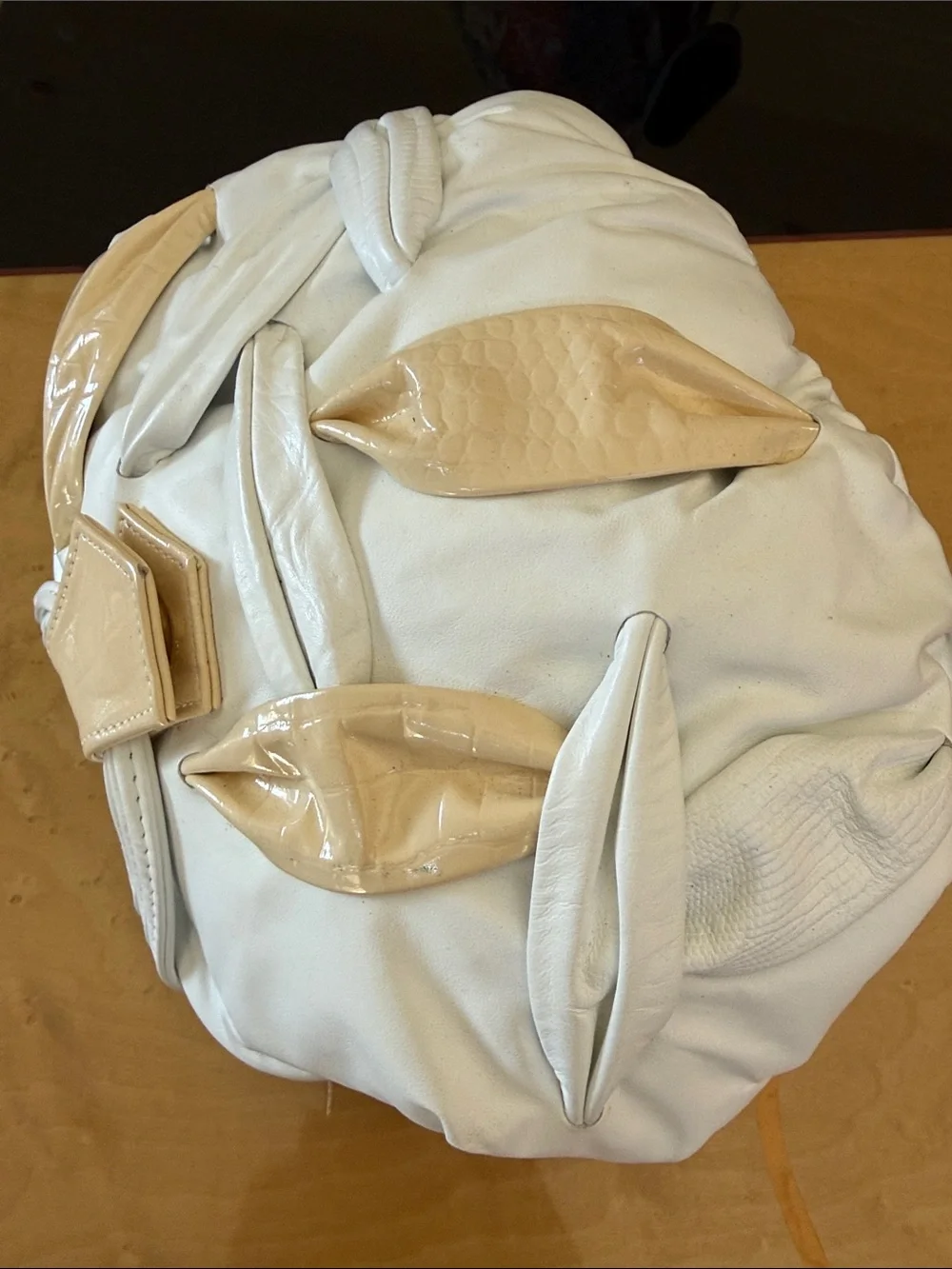 NWT White and Beige Appliqué Leather Clutch/Satchel/Crossbody Bag